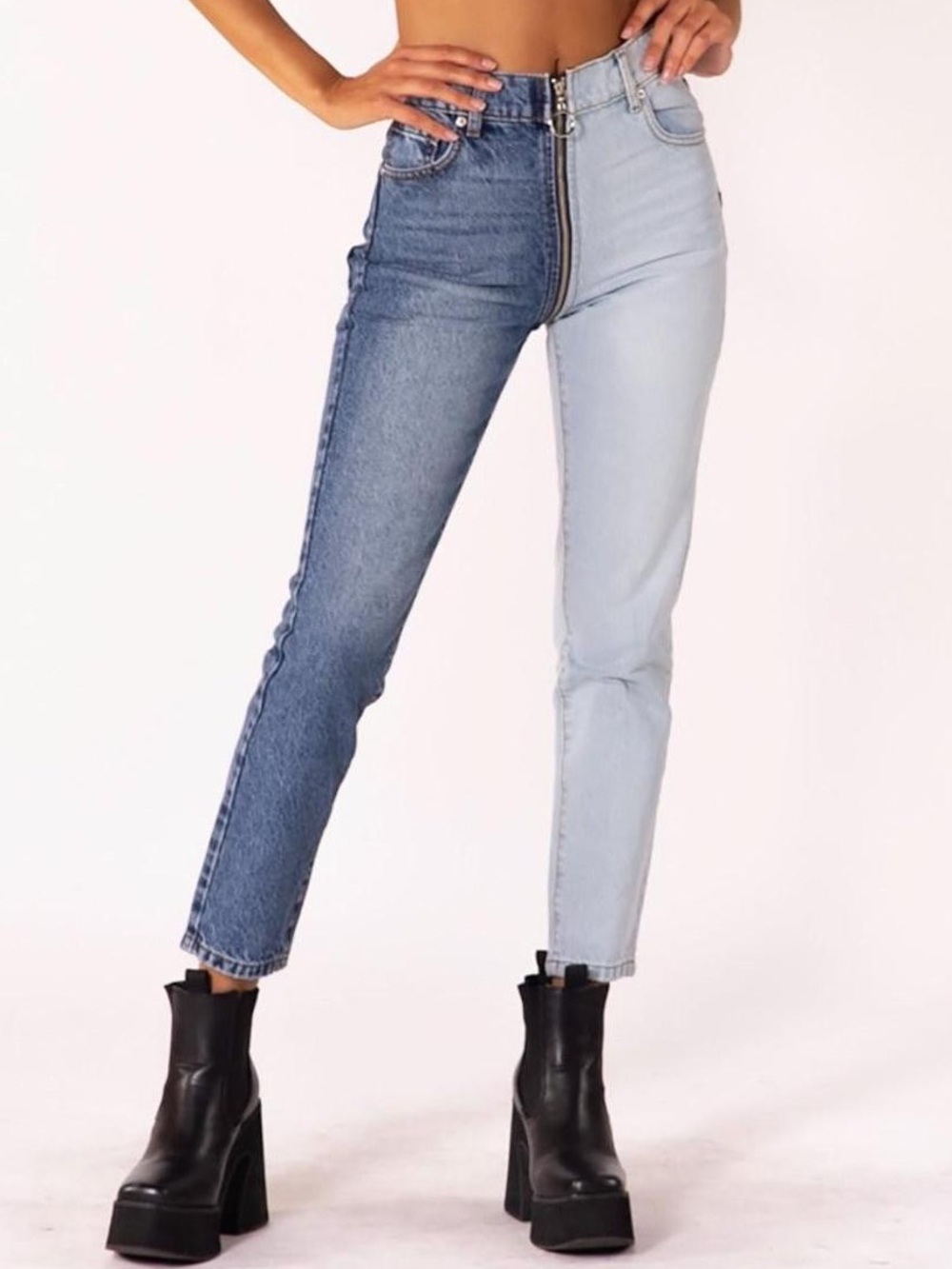 REVICE Two-Tone High-Waist Straight Leg Jeans - Dark Blue & Light Blue